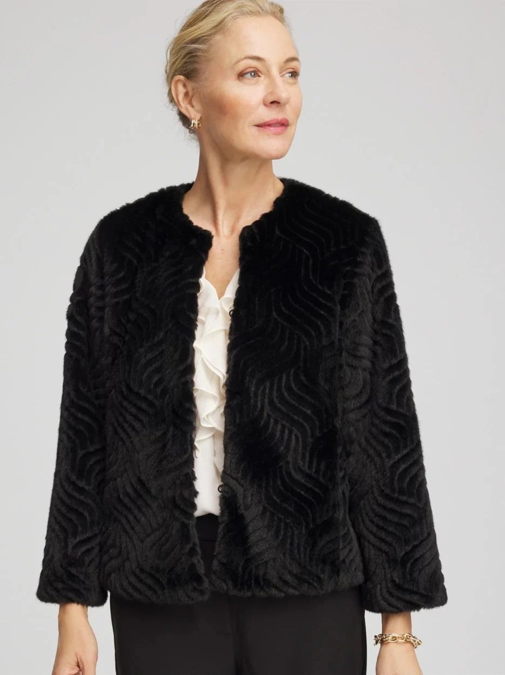 Chicos Black Faux Fur Textured Open-Front Women's Pattern Jacket